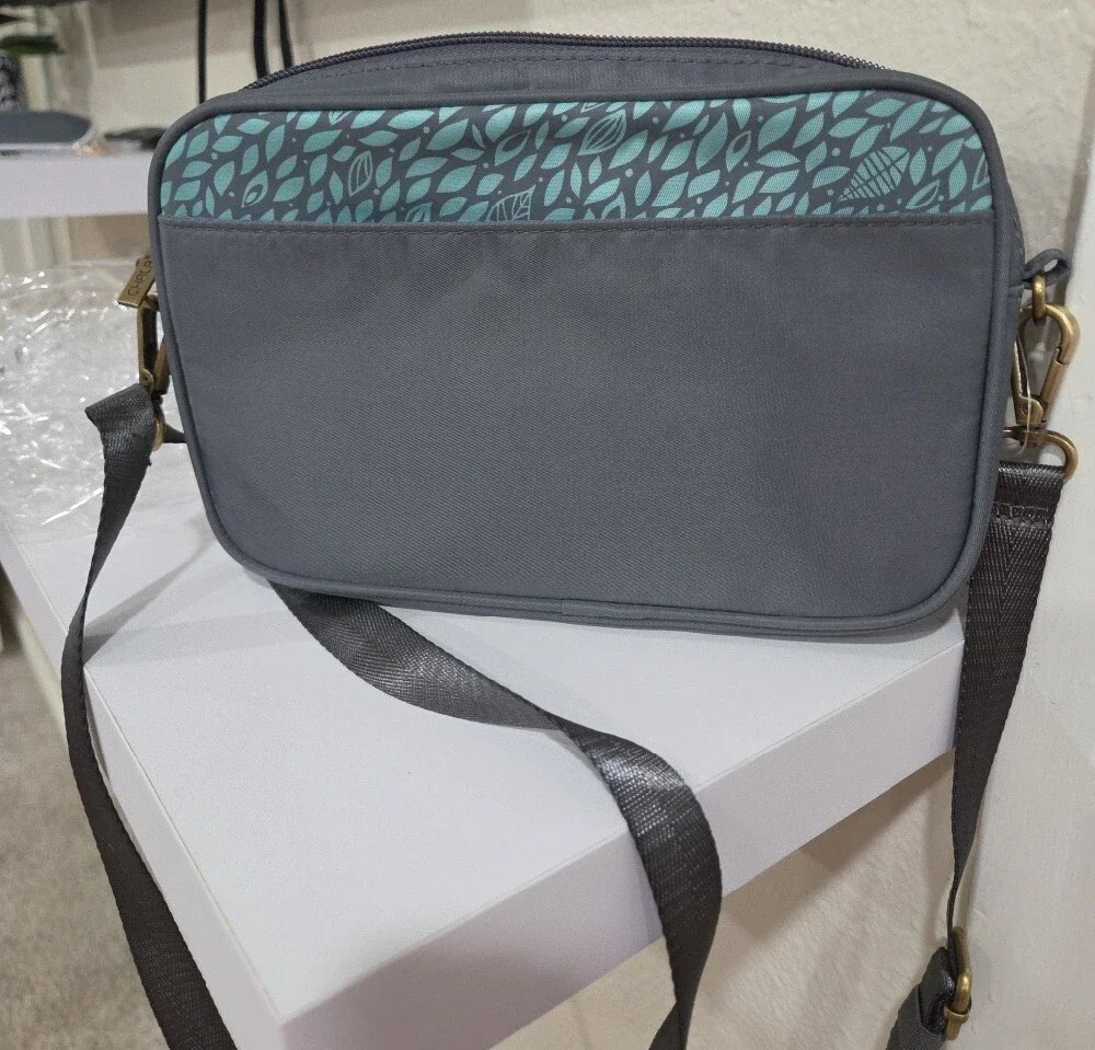 Chala Venture Gray & Teal Leaf Accent Crossbody Bag With Dragonfly